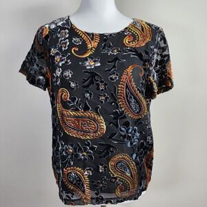 Paisley Velvet Burnout Blouse Womens Medium Black Orange Sheer Grunge Whimsigoth